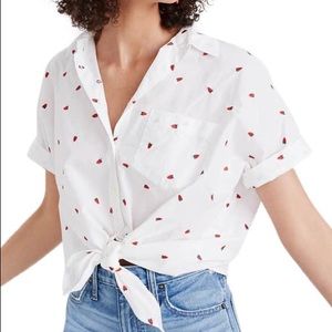 Madewell Strawberry Embroidered Tie Front Top